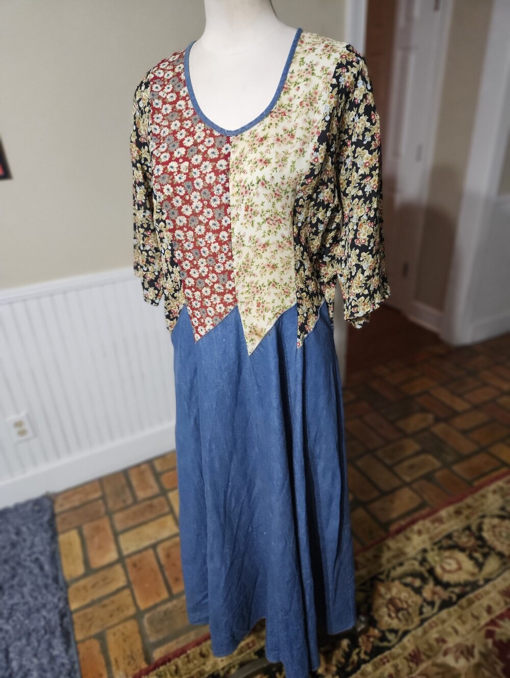 VTG 80s Tickets California Denim Boho Patchwork Dress Small
